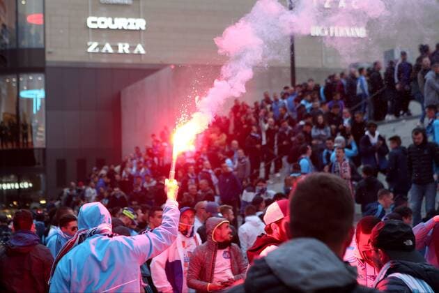 Olympique fans celebrating in front of the stadium with Bengali pyrotechnics in front of the stadium Olympique Marseille vs RB Leipzig UEFA Europa League quarter-final match football 12 04 2018 Marseille Copyright: xLanger Eibner-Pressefotox EP_HLR