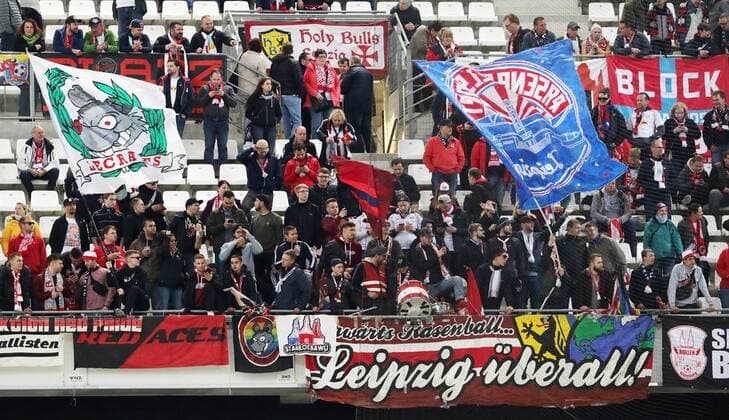 Marseille RB Leipzig Soccer Euro League Marseille 12 04 2018 Stade Velodrome Soccer UEFA Euro League quarter-finals 2nd leg Olympique Marseille vs RB Leipzig Pictured by fans of RB Leipzig