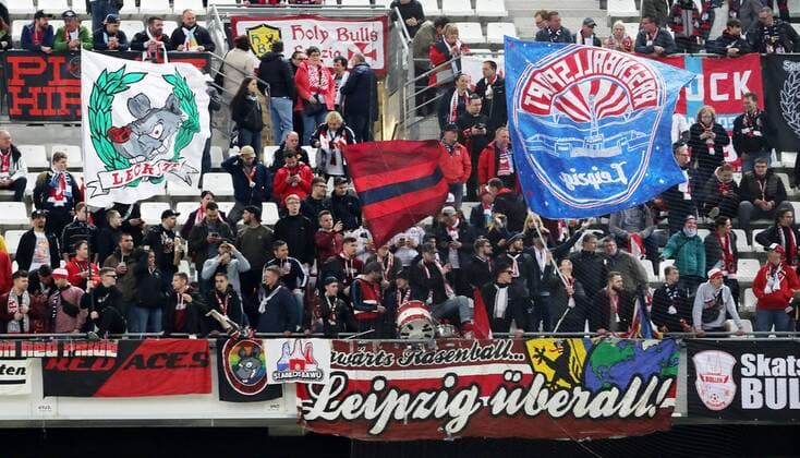 Marseille RB Leipzig Soccer Euro League Marseille 12 04 2018 Stade Velodrome Soccer UEFA Euro League quarter-finals 2nd leg Olympique Marseille vs RB Leipzig Pictured by fans of RB Leipzig