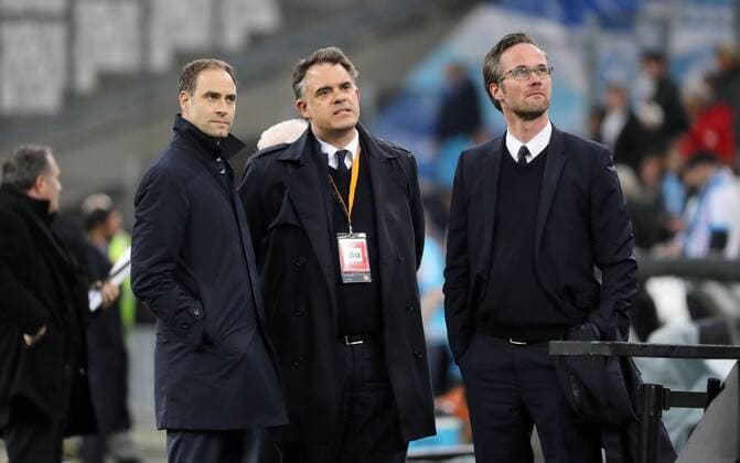 Marseille RB Leipzig Soccer Euro League Marseille 12 04 2018 Stade Velodrome Soccer UEFA Euro League quarter-final second leg Olympique Marseille vs. RB Leipzig The picture shows Oliver Mintzlaff CEO Uli Wolter Head of Operations and Florian Scholz Director Communications Marketing all RB Leipzig