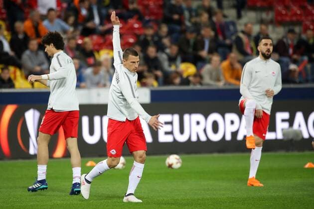 SOCCER - EL, RBS vs Lazio SALZBURG,AUSTRIA,12.APR.18 - SOCCER - UEFA Europa League, quarterfinal, Red Bull Salzburg vs SS Lazio. Image shows Stefan Lainer, Andre Ramalho and Munas Dabbur (RBS). GEPAxpictures xChristianxWalgram