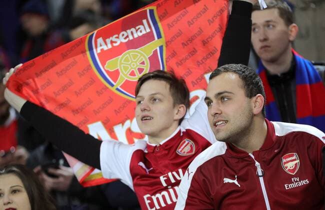 MOSCOW, RUSSIA â€“ APRIL 12, 2018: Arsenal F.C. fans before Leg 2 of the 2017 18 UEFA Europa League quarterfinal football match against FC CSKA Moscow at VEB Arena. Sergei Bobylev TASS  TS07BA1D