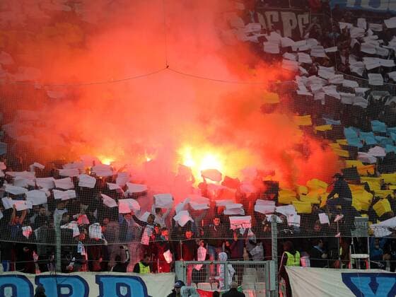 Olympique fans firing Bengali fire pyrotechnics Olympique Marseille vs RB Leipzig UEFA Europa League quarter-final match football 12 04 2018 Marseille Copyright: xLanger Eibner-Pressefotox EP_HLR
