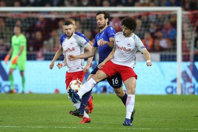SOCCER - EL, RBS vs Lazio SALZBURG,AUSTRIA,12.APR.18 - SOCCER - UEFA Europa League, quarterfinal, Red Bull Salzburg vs SS Lazio. Image shows Valon Berisha (RBS), Marco Parolo (Lazio) and Andre Ramalho (RBS). GEPAxpictures xMathiasxMandl