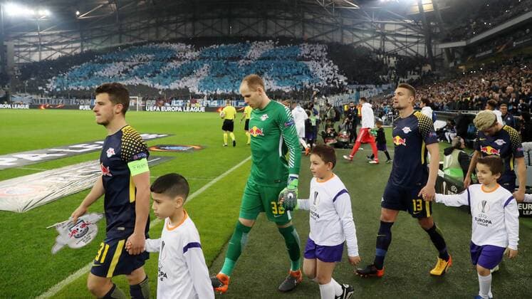 Marseille RB Leipzig Soccer Euro League Marseille 12 04 2018 Stade Velodrome Soccer UEFA Euro League Quarter Finals 2nd Legend Olympique Marseille vs RB Leipzig The picture Enemy of the teams V l Diego Demme 31 RB Leipzig Goalkeeper Peter Gulacsi 32 RB Leipzig and Stefan Ilsanker 13 RB Leipzig