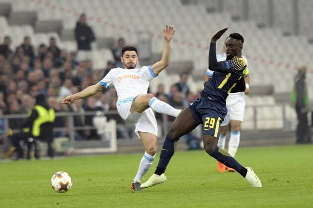 Sanson (OM) - Augustin (RBL) FOOTBALL : Marseille vs RB Liepzig - Europa League - 12 04 2018 FranckPennant Panoramic 