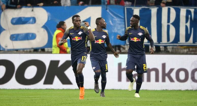 Marseille RB Leipzig Soccer Euro League Marseille 12 04 2018 Stade Velodrome Soccer UEFA Euro League Quarter Finals Semi Finals Olympique Marseille vs RB Leipzig Pictured Goal for RB Leipzig Bruma 17 RB Leipzig scores the 0 1 goal and cheers V l Bruma 17 RB Leipzig Naby Keita 8 RB Leipzig and Jean Kevin Augustin 29 RB Leipzig