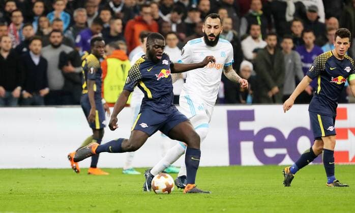 Marseille RB Leipzig Soccer Euro League Marseille 12 04 2018 Stade Velodrome Soccer UEFA Euro League quarter-final second leg Olympique Marseille vs. RB Leipzig Pictured left Dayot Upamecano 5 RB Leipzig and Konstantinos Mitroglou 11 Marseille