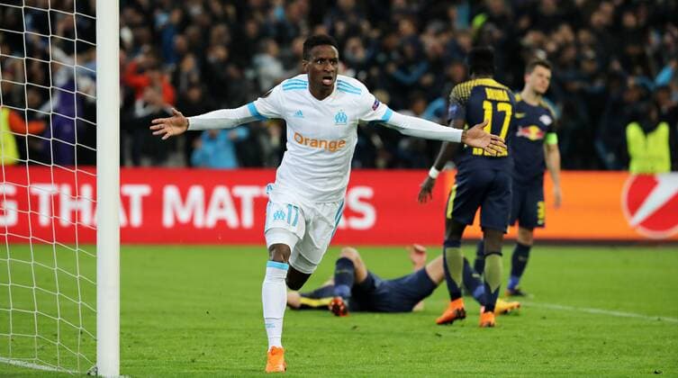Marseille RB Leipzig Soccer Euro League Marseille 12 04 2018 Stade Velodrome Soccer UEFA Euro League Quarter Finals 2nd leg Olympique Marseille vs RB Leipzig Pictured goal for Olympique Marseille Bouna Sarr 17 Marseille scores the 2 1 goal and cheers