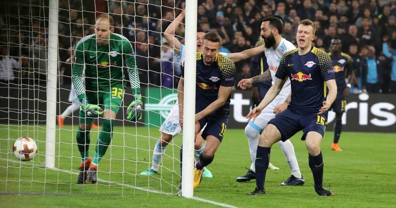Marseille RB Leipzig Soccer Euro League Marseille 12 04 2018 Stade Velodrome Soccer UEFA Euro League Quarter Finals 2nd leg Olympique Marseille vs RB Leipzig Pictured goal for Olympique Marseille The 1 1 equalizer by Stefan Ilsanker 13 RB Leipzig against keeper Peter Gulacsi l 32 RB Leipzig