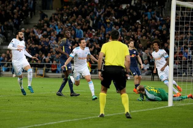 Florian Thauvin Olympique Marseille 26 Cheers after the 3 1 Olympique Marseille vs RB Leipzig UEFA Europa League quarter-final match football 12 04 2018 Marseille Copyright: xLanger Eibner-Pressefotox EP_HLR