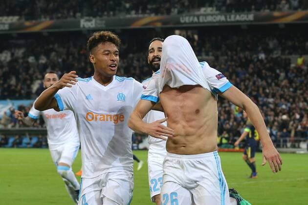 Boubacar Kamara Olympique Marseille 4 Florian Thauvin Olympique Marseille 26 after the 3 1 Olympique Marseille vs RB Leipzig UEFA Europa League quarter-final match football 12 04 2018 Marseille Copyright: xLanger Eibner-Pressefotox EP_HLR
