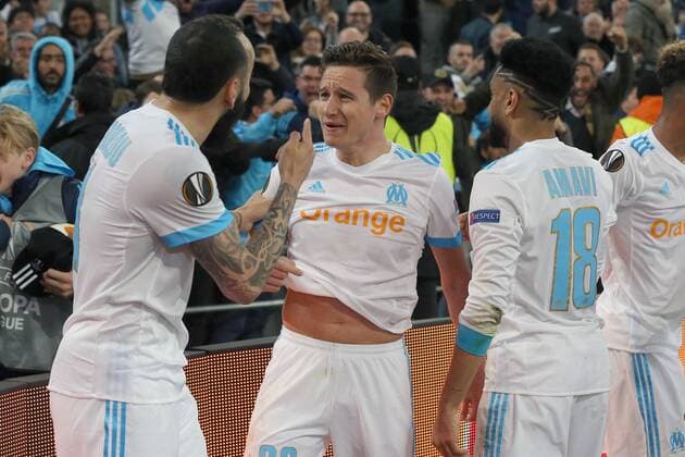 Kostas Mitroglou Olympique Marseille 11 Florian Thauvin Olympique Marseille 26 after the 3 1 Olympique Marseille vs RB Leipzig UEFA Europa League quarter-final match football 12 04 2018 Marseille Copyright: xLanger Eibner-Pressefotox EP_HLR