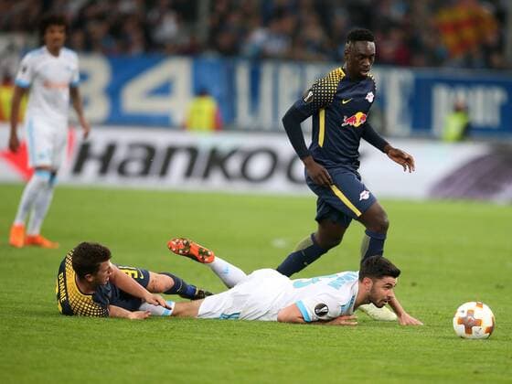 Diego Demme RB Leipzig 31 Morgan Sanson Olympique Marseille 8 Olympique Marseille vs. RB Leipzig UEFA Europa League quarter-final match Football 12 04 2018 Marseille Copyright: xLanger Eibner-Pressefotox EP_HLR