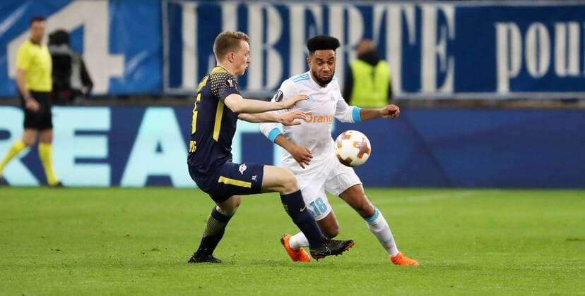 Marseille RB Leipzig Soccer Euro League Marseille 12 04 2018 Stade Velodrome Soccer UEFA Euro League quarter-final second leg Olympique Marseille vs. RB Leipzig In the picture from the left Lukas Klostermann 16 RB Leipzig and Jordan Amavi 18 Marseille