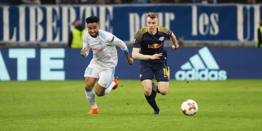 Marseille RB Leipzig Soccer Euro League Marseille 12 04 2018 Stade Velodrome Soccer UEFA Euro League quarter-final second leg Olympique Marseille vs. RB Leipzig In the picture from the left Jordan Amavi 18 Marseille and Lukas Klostermann 16 RB Leipzig