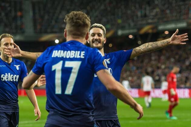 Salzburg Austria 12 04 2018 UEFA Europa League 2017 18 Season Quarter finals Second leg Red Bull Salzburg Lazio Rome cheering Torjubel to Ciro Immobile ROM after scoring the 0 1 DeFodi507