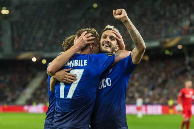 Salzburg Austria 12 04 2018 UEFA Europa League 2017 18 Season Quarter finals Second leg Red Bull Salzburg Lazio Rome cheering Torjubel to Ciro Immobile ROM after scoring the 0 1 DeFodi507