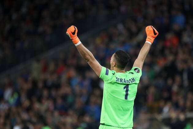 SOCCER - EL, RBS vs Lazio SALZBURG,AUSTRIA,12.APR.18 - SOCCER - UEFA Europa League, quarterfinal, Red Bull Salzburg vs SS Lazio. Image shows the rejoicing of Thomas Strakosha (Lazio). GEPAxpictures xChristianxWalgram