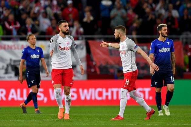 SOCCER - EL, RBS vs Lazio SALZBURG,AUSTRIA,12.APR.18 - SOCCER - UEFA Europa League, quarterfinal, Red Bull Salzburg vs SS Lazio. Image shows the rejoicing of Munas Dabbur and Valon Berisha (RBS). GEPAxpictures xFlorianxErtl