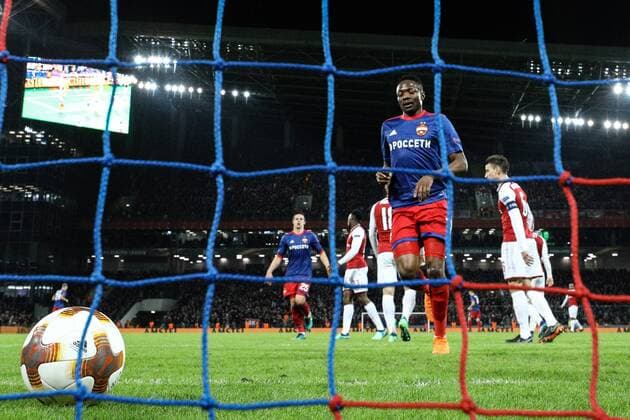 MOSCOW, RUSSIA - APRIL 12, 2018: CSKA Moscow s Ahmed Musa in the 2017-2018 UEFA Europa League quarterfinal second leg football match against Arsenal F.C. at VEB Arena (Arena CSKA). Mikhail Tereshchenko TASS  TS07BA41