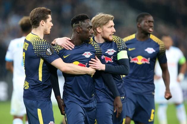 Marcel Sabitzer RB Leipzig 7 Jean Kevin Augustin RB Leipzig 29 Emil Forsberg RB Leipzig 10 after the 3 Olympique Marseille vs RB Leipzig UEFA Europa League quarter-finals Rueckspiel Football 12 04 2018 Marseille Copyright: xLanger Eibner-Pressefotox EP_HLR