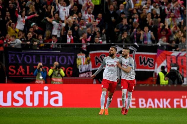 SOCCER - EL, RBS vs Lazio SALZBURG,AUSTRIA,12.APR.18 - SOCCER - UEFA Europa League, quarterfinal, Red Bull Salzburg vs SS Lazio. Image shows the rejoicing of Munas Dabbur and Valon Berisha (RBS). GEPAxpictures xFlorianxErtl