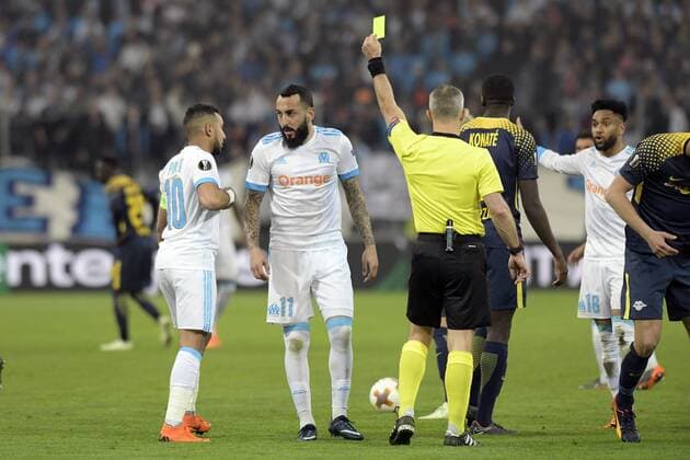 Mitroglou (OM) - Carton jaune FOOTBALL : Marseille vs RB Liepzig - Europa League - 12 04 2018 FranckPennant Panoramic 