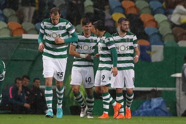 April 12, 2018 - Lisbon, Portugal - Sporting s forward Fredy Montero from Colombia (40) celebrates with teammates after scoring during the UEFA Europa League second leg football match Sporting CP vs Atletico Madrid at Alvalade stadium in Lisbon, on April 12, 2018. UEFA Europa League second leg football match Sporting CP vs Atletico Madrid - ZUMAf123 20180412_zap_f123_002 Copyright: xPedroxFiuzax