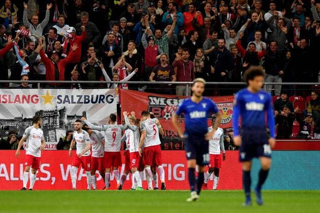 SOCCER - EL, RBS vs Lazio SALZBURG,AUSTRIA,12.APR.18 - SOCCER - UEFA Europa League, quarterfinal, Red Bull Salzburg vs SS Lazio. Image shows the rejoicing of RBS. GEPAxpictures xFlorianxErtl