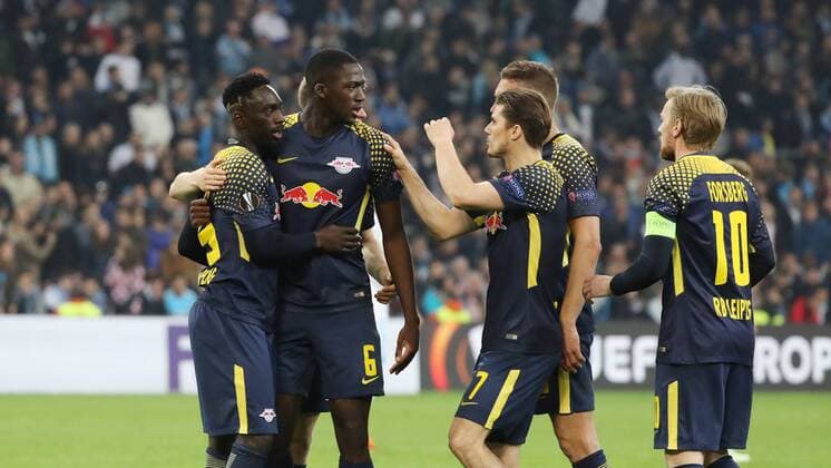 Marseille RB Leipzig Soccer Euro League Marseille 12 04 2018 Stade Velodrome Soccer UEFA Euro League Quarter Finals 2nd leg Olympique Marseille vs RB Leipzig Pictured goal for RB Leipzig Torjubel after the 3 2 connection by Jean Kevin Augustin l 29 RB Leipzig