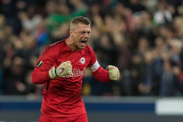 Salzburg Austria 12 04 2018 UEFA Europa League 2017 18 Season Quarter finals Second Leg Red Bull Salzburg Lazio Roma Goalkeeper Alexander Walke FCS celebrates the 3 1 goal by Hee Chan Hwang FCS DeFodi507
