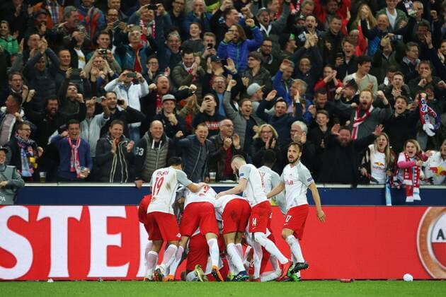 SOCCER - EL, RBS vs Lazio SALZBURG,AUSTRIA,12.APR.18 - SOCCER - UEFA Europa League, quarterfinal, Red Bull Salzburg vs SS Lazio. Image shows the rejoicing of RBS. GEPAxpictures xMathiasxMandl