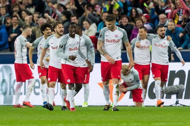 Salzburg Austria 12 04 2018 UEFA Europa League 2017 18 Season Quarter finals Second leg Red Bull Salzburg Lazio Rome cheering Torjubel to Stefan Lainer FCS after the strike to 4 1 DeFodi507