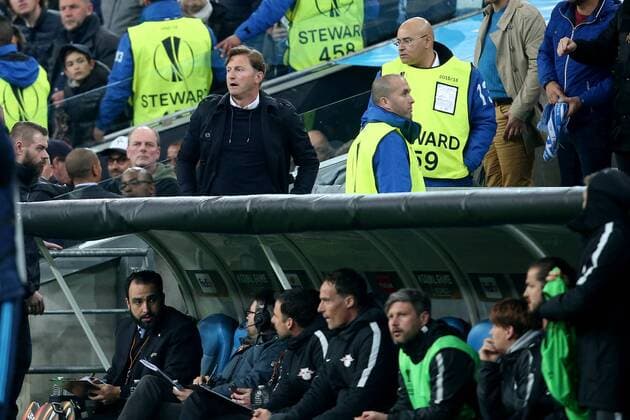 Coach Ralph Hasenhuettl RB Leipzig behind the barrier Olympique Marseille vs RB Leipzig UEFA Europa League quarter-final match football 12 04 2018 Marseille Copyright: xLanger Eibner-Pressefotox EP_HLR