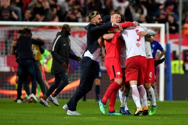 SOCCER - EL, RBS vs Lazio SALZBURG,AUSTRIA,12.APR.18 - SOCCER - UEFA Europa League, quarterfinal, Red Bull Salzburg vs SS Lazio. Image shows the rejoicing of RBS. GEPAxpictures xFlorianxErtl