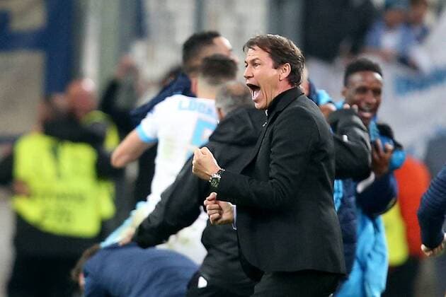 Coach Rudi Garcia Olympique Marseille rejoicing after the 5 2 Olympique Marseille vs RB Leipzig UEFA Europa League quarter-final match football 12 04 2018 Marseille Copyright: xLanger Eibner-Pressefotox EP_HLR