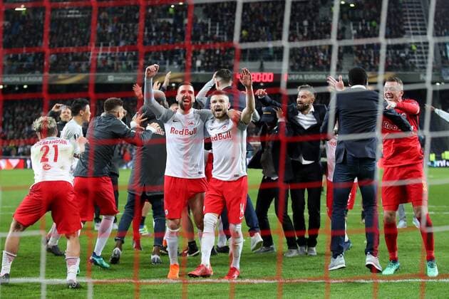 SOCCER - EL, RBS vs Lazio SALZBURG,AUSTRIA,12.APR.18 - SOCCER - UEFA Europa League, quarterfinal, Red Bull Salzburg vs SS Lazio. Image shows the rejoicing of RBS. GEPAxpictures xChristianxWalgram