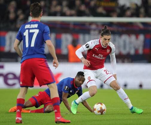 MOSCOW, RUSSIA - APRIL 12, 2018: CSKA Moscow s Alexander Golovin, Ahmed Musa and Arsenal F.C. s Hector Bellerin (L-R) in their 2017-2018 UEFA Europa League quarterfinal second leg football match at VEB Arena (Arena CSKA). The game ended in a 2-2 draw. Sergei Bobylev TASS  TS07BA50