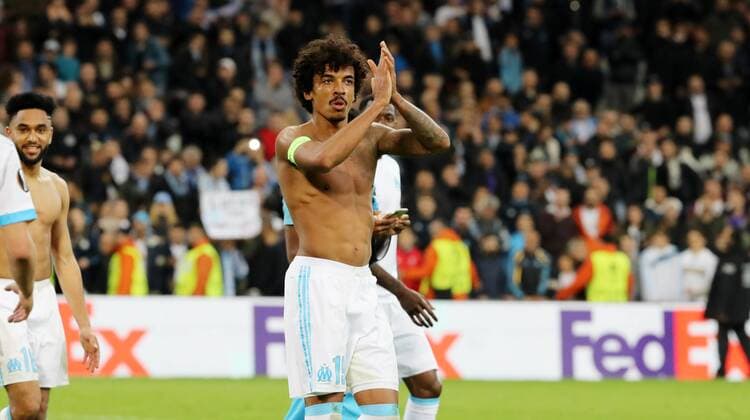 Marseille RB Leipzig Soccer Euro League Marseille 12 04 2018 Stade Velodrome Soccer UEFA Euro League Quarter Finals 2nd Leg Match Olympique Marseille vs RB Leipzig 5 2 3 1 Pictured Marseille cheering after the match Luiz Gustavo 19 Marseille
