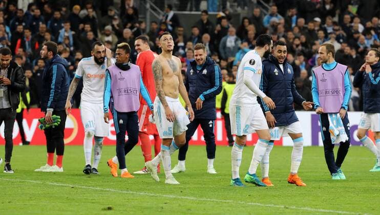 Marseille RB Leipzig Soccer Euro League Marseille 12 04 2018 Stade Velodrome Soccer UEFA Euro League Quarter-finals 2nd leg Olympique Marseille vs RB Leipzig 5 2 3 1 The picture shows the success of the Marseille team