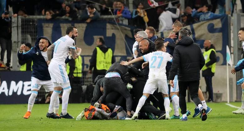 Marseille RB Leipzig Soccer Euro League Marseille 12 04 2018 Stade Velodrome Soccer UEFA Euro League Quarter Finals 2nd Leg Match Olympique Marseille vs RB Leipzig 5 2 Pictured Marseille cheering after the game