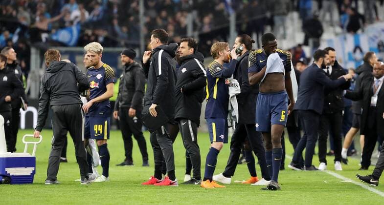 Marseille RB Leipzig Soccer Euro League Marseille 12 04 2018 Stade Velodrome Soccer UEFA Euro League quarter-final second leg Olympique Marseille vs. RB Leipzig Pictured helpless Leipzig disappointment after the game