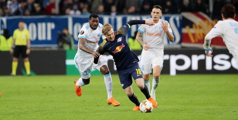 Marseille RB Leipzig Soccer Euro League Marseille 12 04 2018 Stade Velodrome Soccer UEFA Euro League Quarter Finals 2nd leg Olympique Marseille vs RB Leipzig In the picture from the left AndrŽ Zambo Anguissa 29 Marseille Emil Forsberg 10 RB Leipzig and Lucas Ocampos 5 Marseille