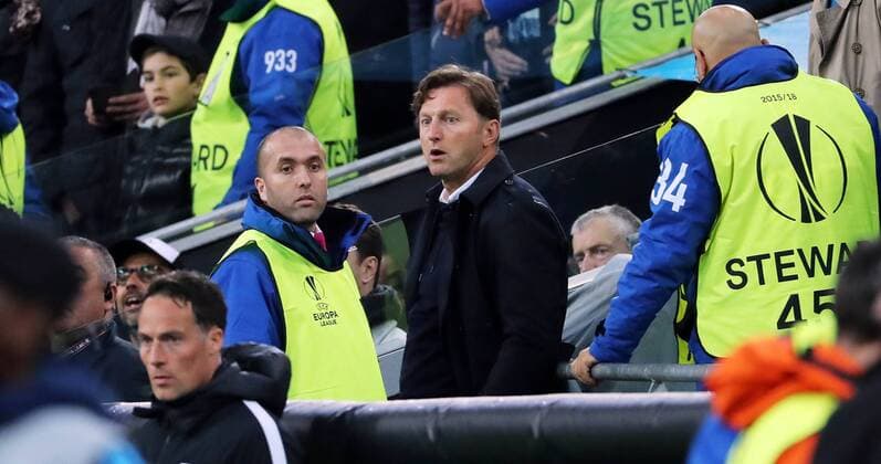 Marseille RB Leipzig Soccer Euro League Marseille 12 04 2018 Stade Velodrome Soccer UEFA Euro League Quarter-finals 2nd leg Olympique Marseille vs RB Leipzig 5 2 3 1 Bild Coach Ralph Hasenhüttl Hasenhuettl RB Leipzig in the stands
