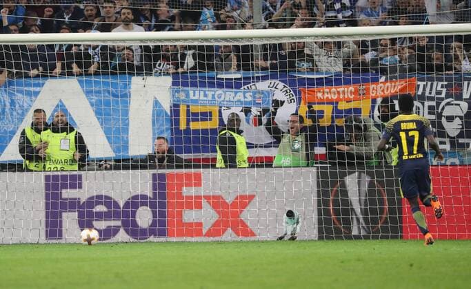 Marseille RB Leipzig Soccer Euro League Marseille 12 04 2018 Stade Velodrome Soccer UEFA Euro League quarter-final second leg Olympique Marseille vs. RB Leipzig Pictured goal for Olympique Marseille Hiroki Sakai Marseille not pictured meets for decision in the empty Leipzig goal