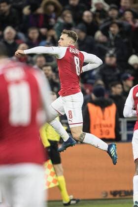 (180413) -- MOSCOW, April 13, 2018 -- Aaron Ramsey of Arsenal celebrates after scoring during the UEFA Europa League quarterfinal second leg soccer match between CSKA Moscow and Arsenal in Moscow, Russia, April 12, 2018. The match ended 2-2. Arsenal advanced to the semifinal with 6-3 on aggregate. ) (SP)RUSSIA-MOSCOW-SOCCER-UEFA EUROPA LEAGUE-QUARTERFINAL-CSKA VS ARSENAL WuxZhuang 