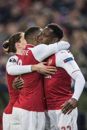 (180413) -- MOSCOW, April 13, 2018 -- Danny Welbeck(R) of Arsenal celebrates after scoring with teammates during the UEFA Europa League quarterfinal second leg soccer match between CSKA Moscow and Arsenal in Moscow, Russia, April 12, 2018. The match ended 2-2. Arsenal advanced to the semifinal with 6-3 on aggregate. ) (SP)RUSSIA-MOSCOW-SOCCER-UEFA EUROPA LEAGUE-QUARTERFINAL-CSKA VS ARSENAL WuxZhuang 