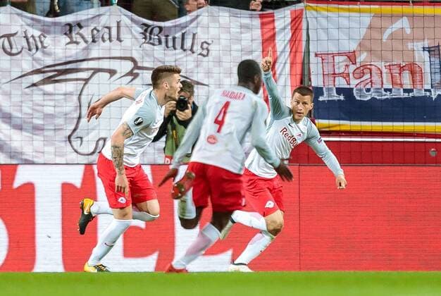 12 04 2018 Red Bull Arena Salzburg UEFA UEFA Champions League Final FC Salzburg vs. SS Lazio Roma Quarter-Finals Rueckspiel im Bild Torjubel to 4 1 by Stefan Lainer FC Salzburg during the UEFA Europa League Quaterfinal 2nd Leg match between FC Salzburg and SS Lazio Roma at the Red Bull Arena in Salzburg Austria on 2018 04 12 Salzburg  EX_FEI