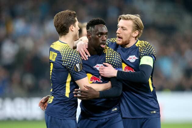 Marcel Sabitzer RB Leipzig 7 Jean Kevin Augustin RB Leipzig 29 Emil Forsberg RB Leipzig 10 after the 3 2 Olympique Marseille vs RB Leipzig UEFA Europa League Quarter Finals Backspiel Fussball 12 04 2018 Marseille Copyright: xLanger Eibner-Pressefotox EP_HLR